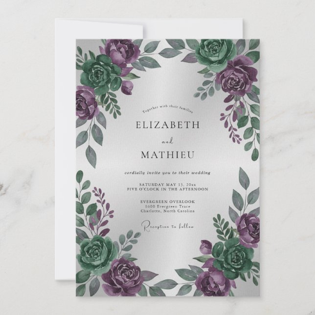 Plum Emerald Peony Wedding Invitation (Front)