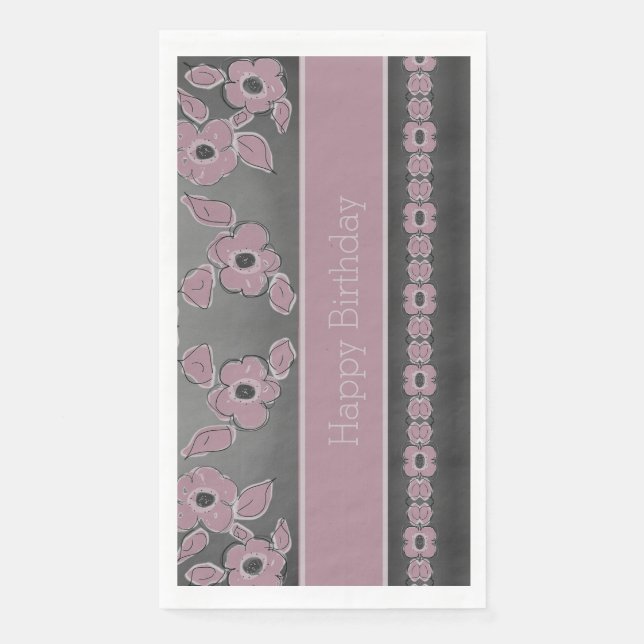 Plum Floral And Grey Napkin (Front)