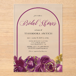 Plum Floral Arch Bridal Shower Acrylic Invitations