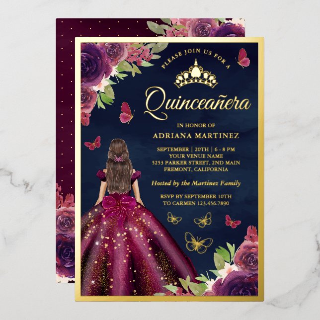 Plum Floral Butterfly Navy Blue Quinceanera Gold (Front/Back)