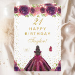 Plum Floral Dark Skin Girl Happy Birthday Card<br><div class="desc">This elegant and glamourous birthday card can be personalised with a name or title such as daughter, granddaughter, niece, friend etc. The design features a beautiful princess with dark hair and dark skin in a plum purple ball gown. The text combines handwritten script and modern sans serif fonts for a...</div>