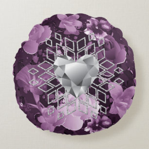 Plum Floral Diamond Heart Snowflake Round Cushion