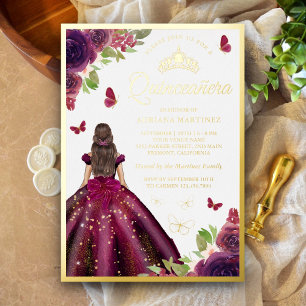 Plum Floral Dress Butterfly Quinceanera Gold