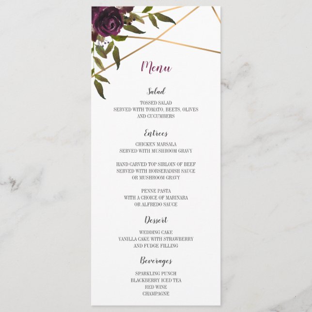 Plum Floral Faux Gold Geometric Wedding Menu Card (Front)