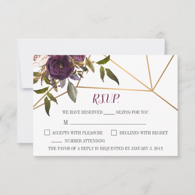 Plum Floral Faux Gold Geometric Wedding RSVP Card (Front)