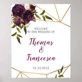 Plum Floral Faux Gold Geometric Welcome Sign 16x20