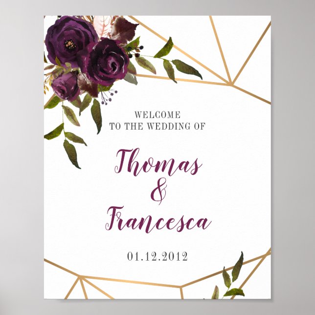 Plum Floral Faux Gold Geometric Welcome Sign 8x10 (Front)