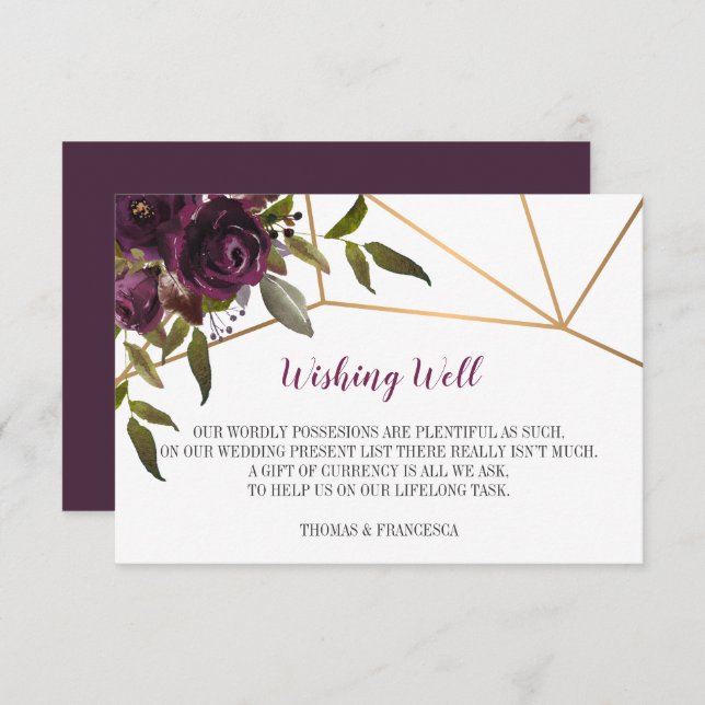 Plum Floral Faux Gold Geometric Wishing Well Card (Front/Back)