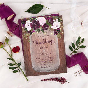 Plum Floral Lights Rustic Wood Wedding Invitation