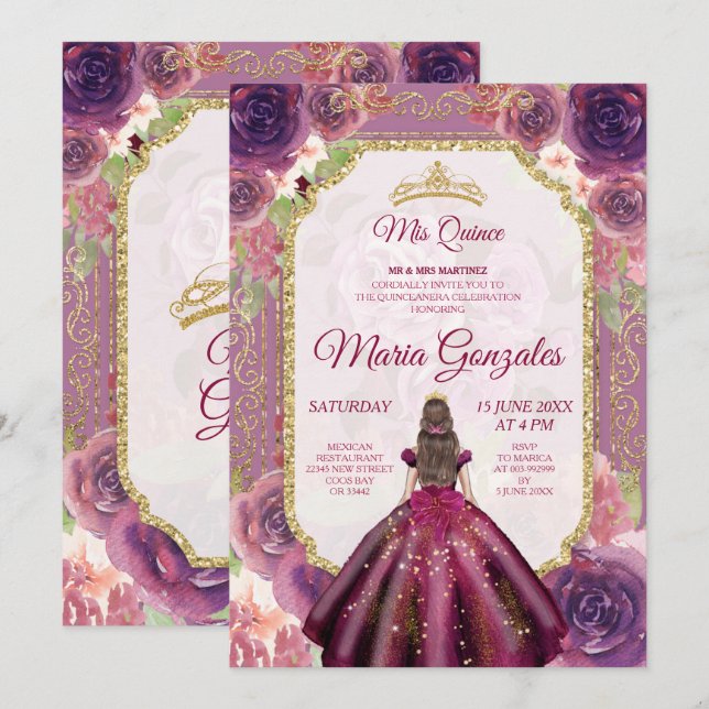 Plum Floral Roses Girl Charra Mis Quince Invitation (Front/Back)