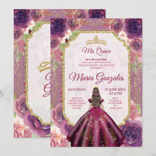 Plum Floral Roses Girl Charra Mis Quince Invitation