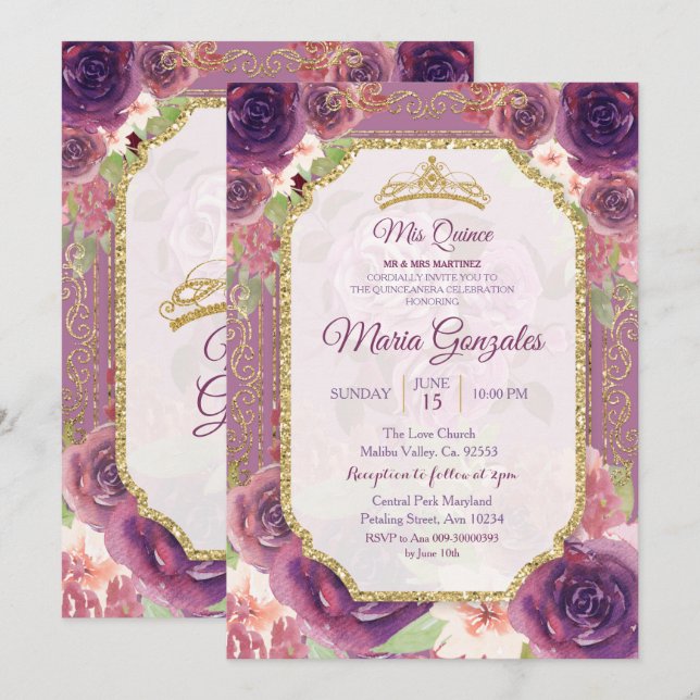 Plum Floral Roses Mis XV Anos Invitation (Front/Back)