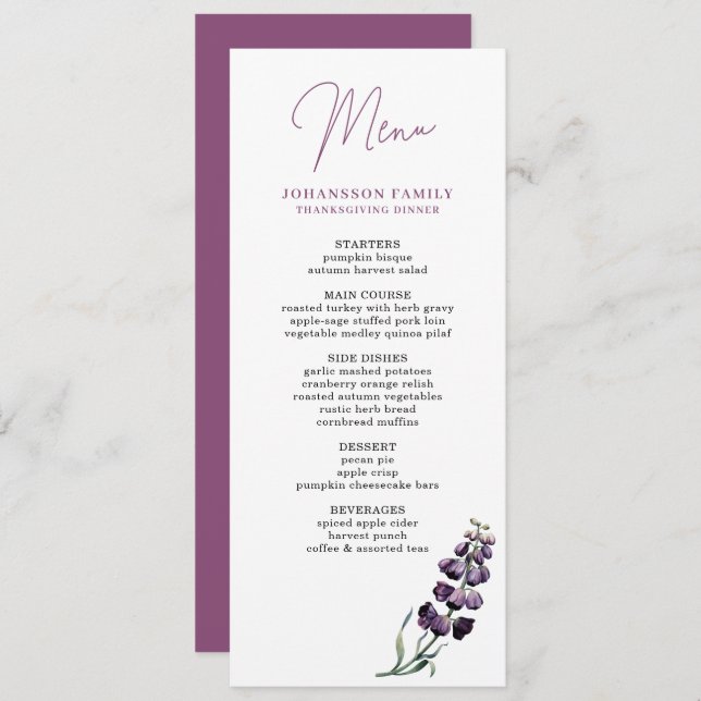 PLUM FOXGLOVE FLOWER THANKSGIVING DINNER MENU (Front/Back)