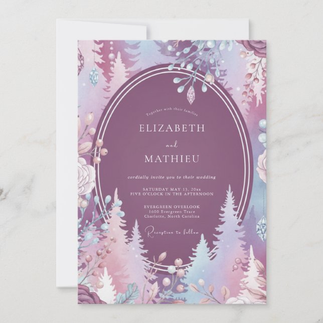 Plum Frosted Pine Eucalyptus Wedding Invitation (Front)