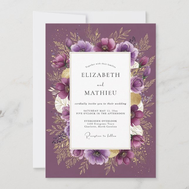 Plum Gilded Floral Romantic Wedding Invitation (Front)