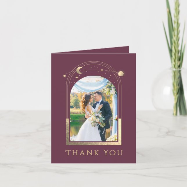 Plum Gold Celestial Photo Wedding Thank You Card (Front)
