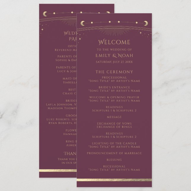 Plum Gold Celestial Sun Moon Stars Wedding Programme (Front/Back)