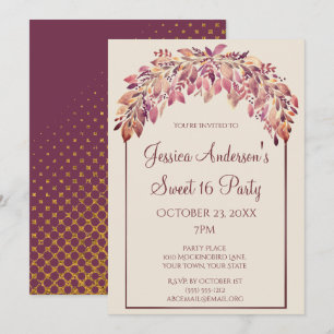 Plum Gold Floral Autumn Fall Sweet 16 Birthday Invitation
