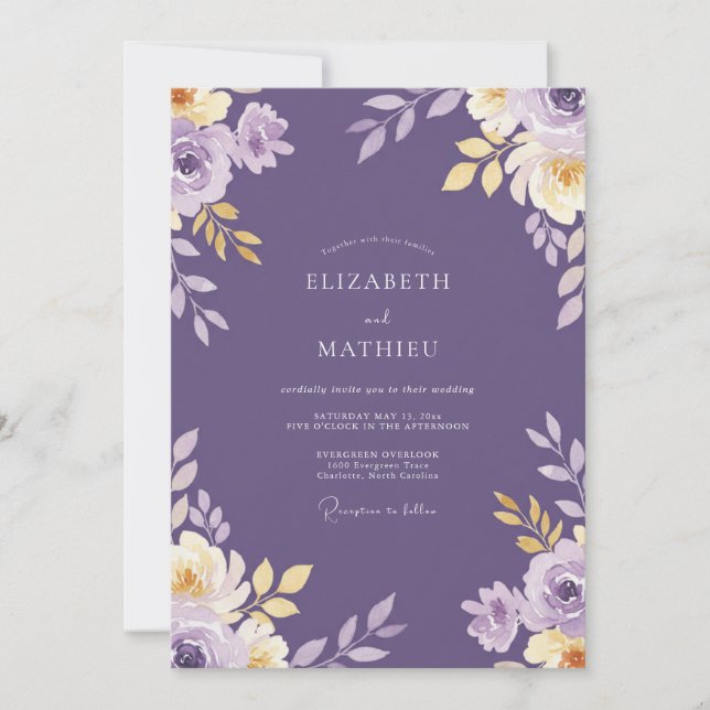 Plum Gold Foliage Eucalyptus Wedding Invitation (Front)