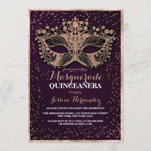 Plum Gold Glitter Confetti Masquerade Quinceañera Invitation