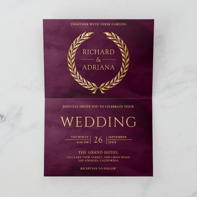 Plum Gold Laurel Minimal QR Code Wedding Invitation (Inside)