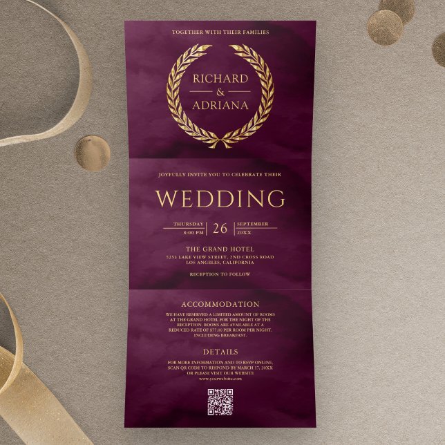 Plum Gold Laurel Minimal QR Code Wedding Tri-Fold Invitation (Creator Uploaded)