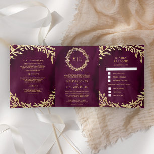 Plum Gold Leaf Branch All in One Wedding Tri-Fold Invitation