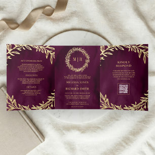 Plum Gold Leaf Branch QR Code Wedding Tri-Fold Invitation