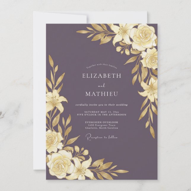 Plum Gold Leafy Wedding Invitation (Front)