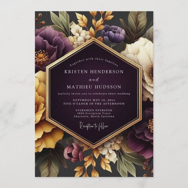Plum Gold Opulent Flora Wedding Invitation (Front)