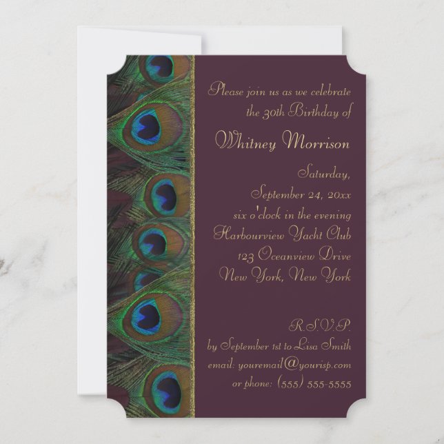 Plum, Gold Peacock Feathers Birthday Invitation (Front)