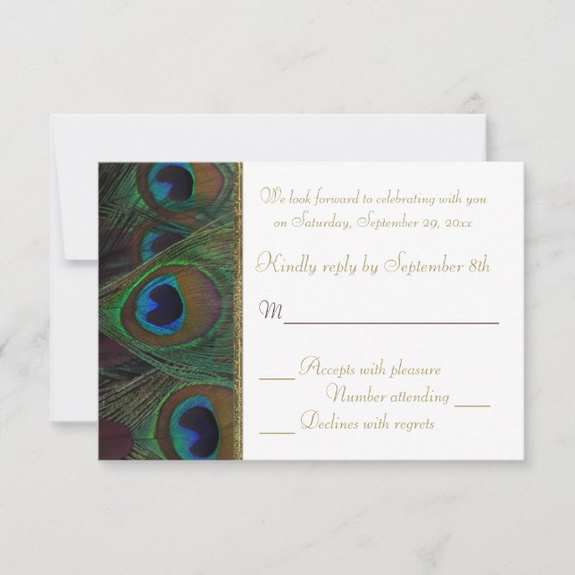 Plum, Gold Peacock Feathers RSVP Card (Front)