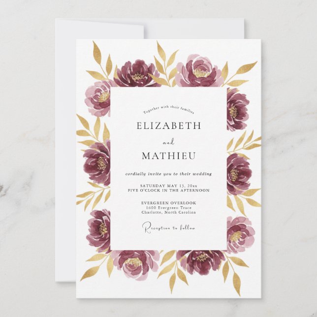 Plum Gold Peony Wedding Invitation (Front)
