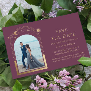 Plum Gold Sun Moon Stars Wedding Photo Save The Date