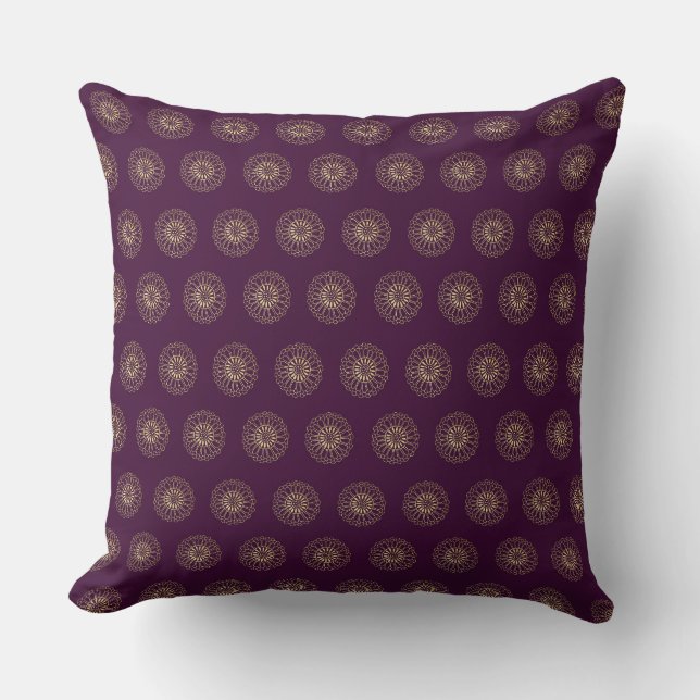 Plum | Golden Zinnia Flower Medallions Cushion (Front)