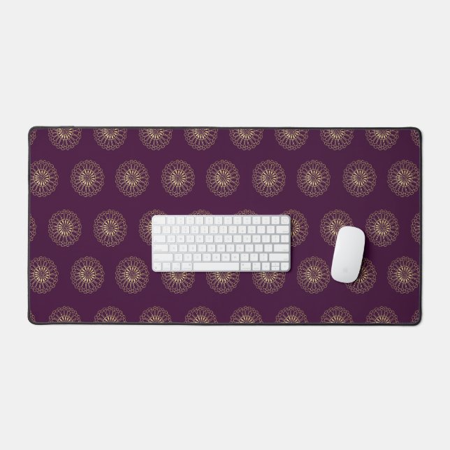 Plum | Golden Zinnia Flower Medallions Desk Mat (Keyboard & Mouse)