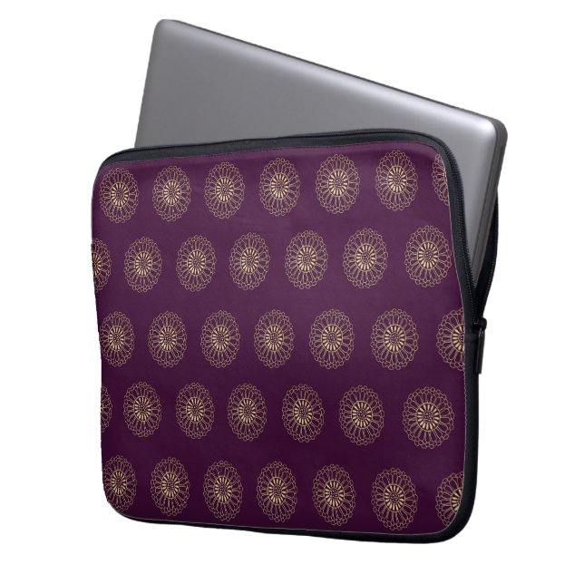 Plum | Golden Zinnia Flower Medallions Laptop Sleeve (Front Left)