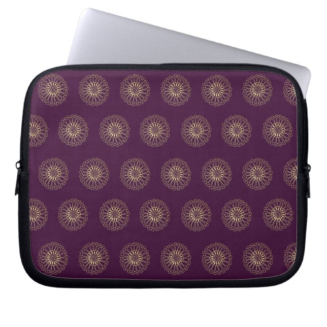 Plum | Golden Zinnia Flower Medallions Laptop Sleeve (Front)