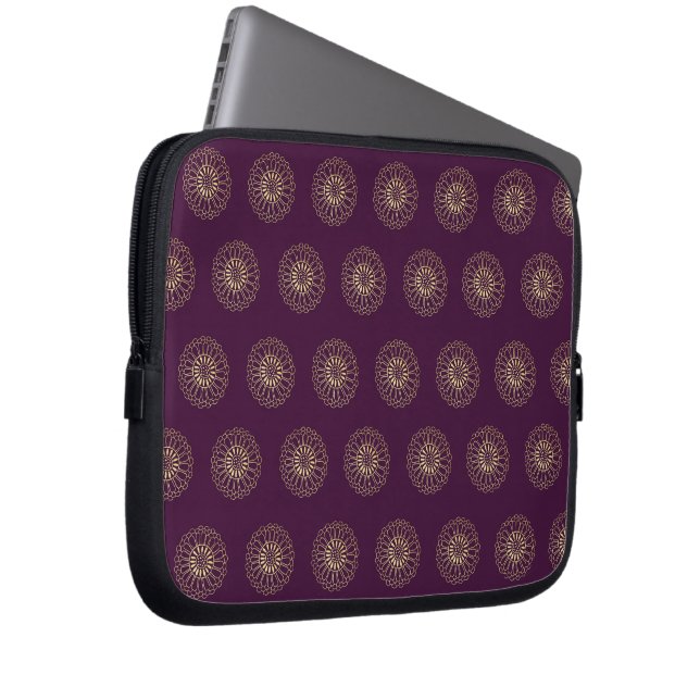 Plum | Golden Zinnia Flower Medallions Laptop Sleeve (Front Right)