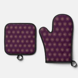 Plum   Golden Zinnia Flower Medallions Oven Mitt & Pot Holder Set