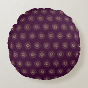 Plum   Golden Zinnia Flower Medallions Round Cushion
