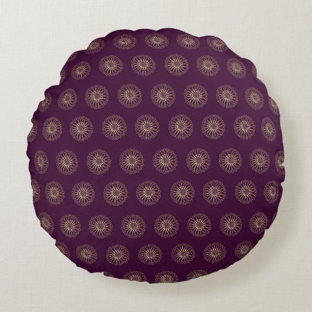 Plum | Golden Zinnia Flower Medallions Round Cushion (Front)