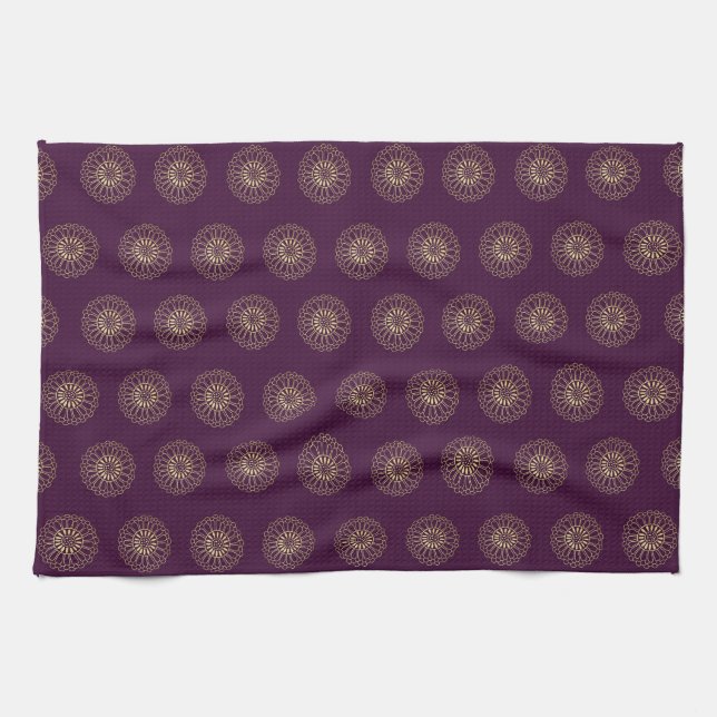 Plum | Golden Zinnia Flower Medallions Tea Towel (Horizontal)
