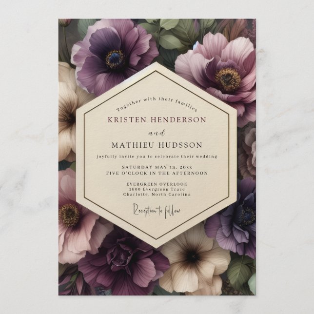 Plum Gothic Bloom Wedding Invitation (Front)