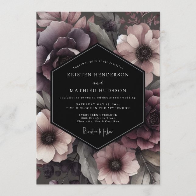 Plum Gothic Blossom Wedding Invitation (Front)