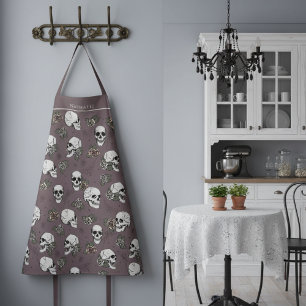Plum Gothic Skulls and Roses Custom Name Apron