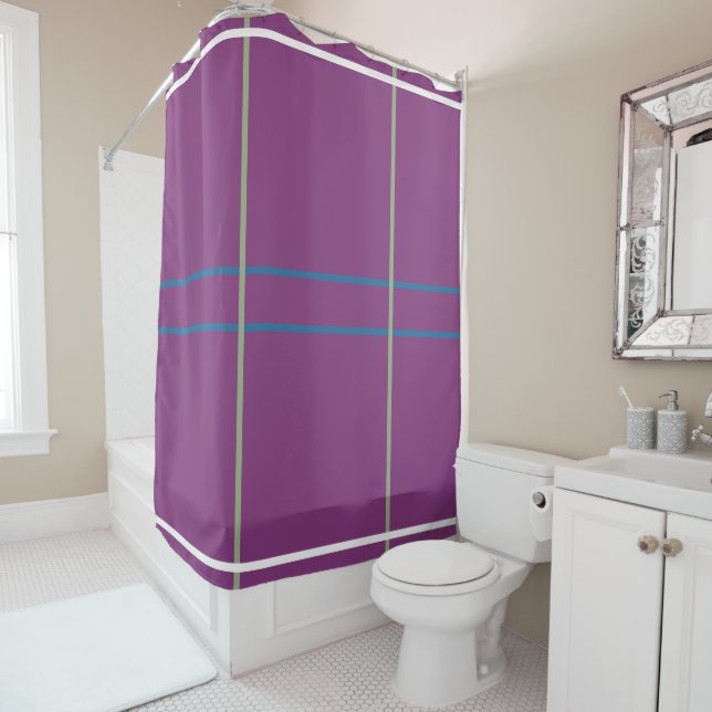 Plum Green Blue Geometric Pattern Shower Curtain (In Situ)