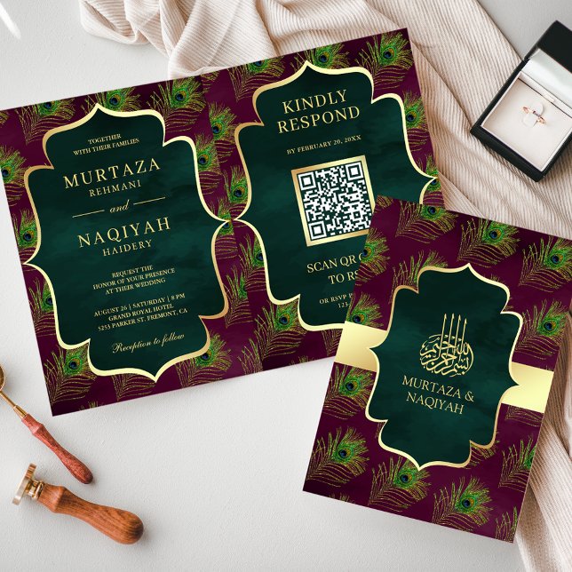 Plum Green Peacock Feathers QR Code Muslim Wedding Invitation (Creator Uploaded)