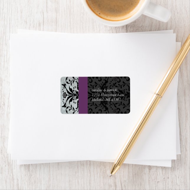 Plum Grey Bumble Bee Damask  Address Labels - (Insitu)
