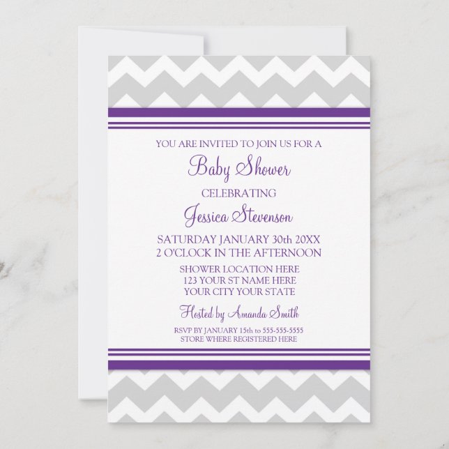 Plum Grey Chevron Custom Baby Shower Invitations (Back)